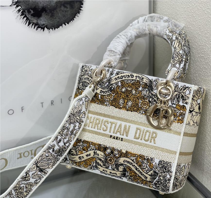 Christian Dior LADY DIOR series platinum embroidery gold silk print chain handbag Christian Dior LADY DIOR series platinum embroidery gold silk print chain handbag
