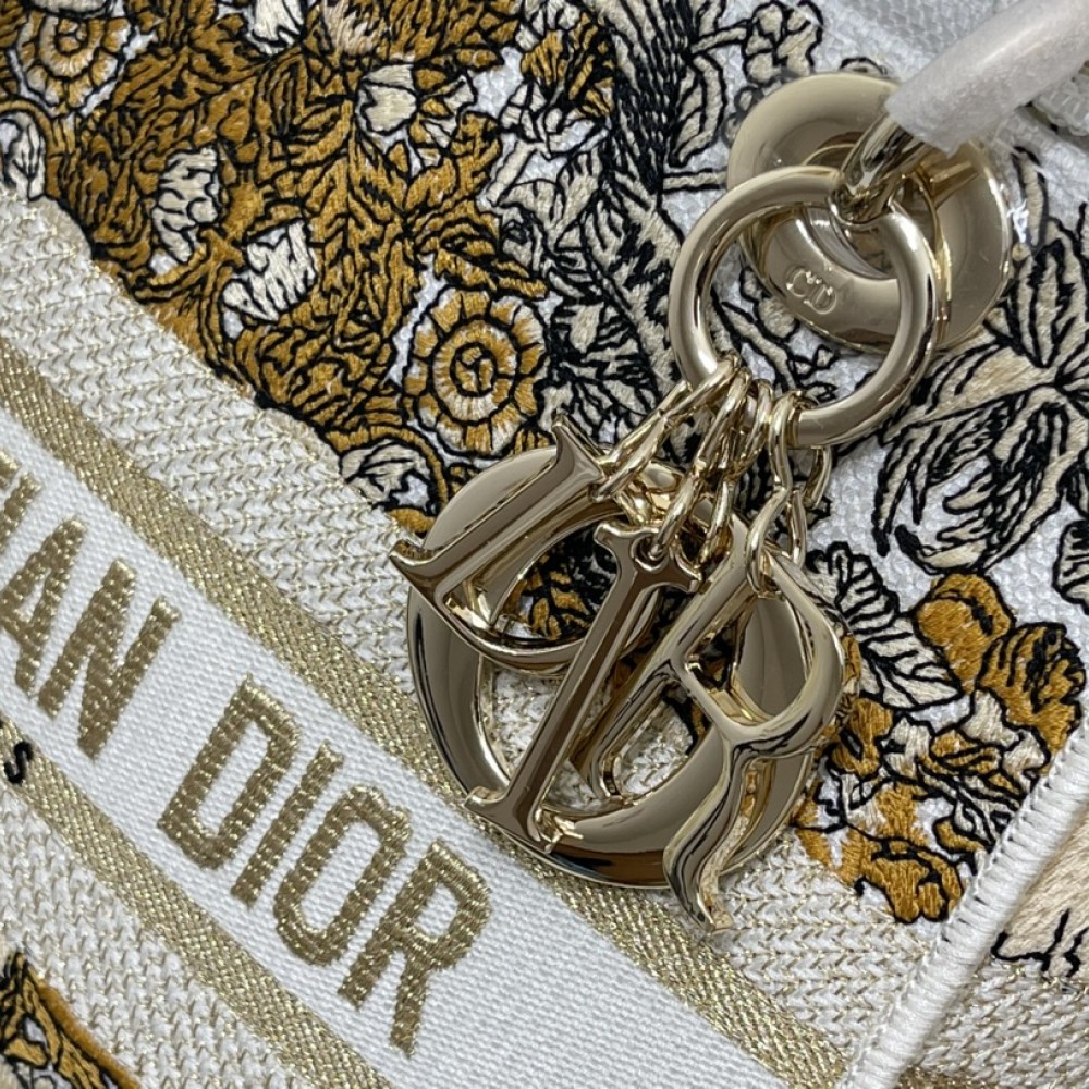 Christian Dior LADY DIOR series platinum embroidery gold silk print chain handbag Christian Dior LADY DIOR series platinum embroidery gold silk print chain handbag