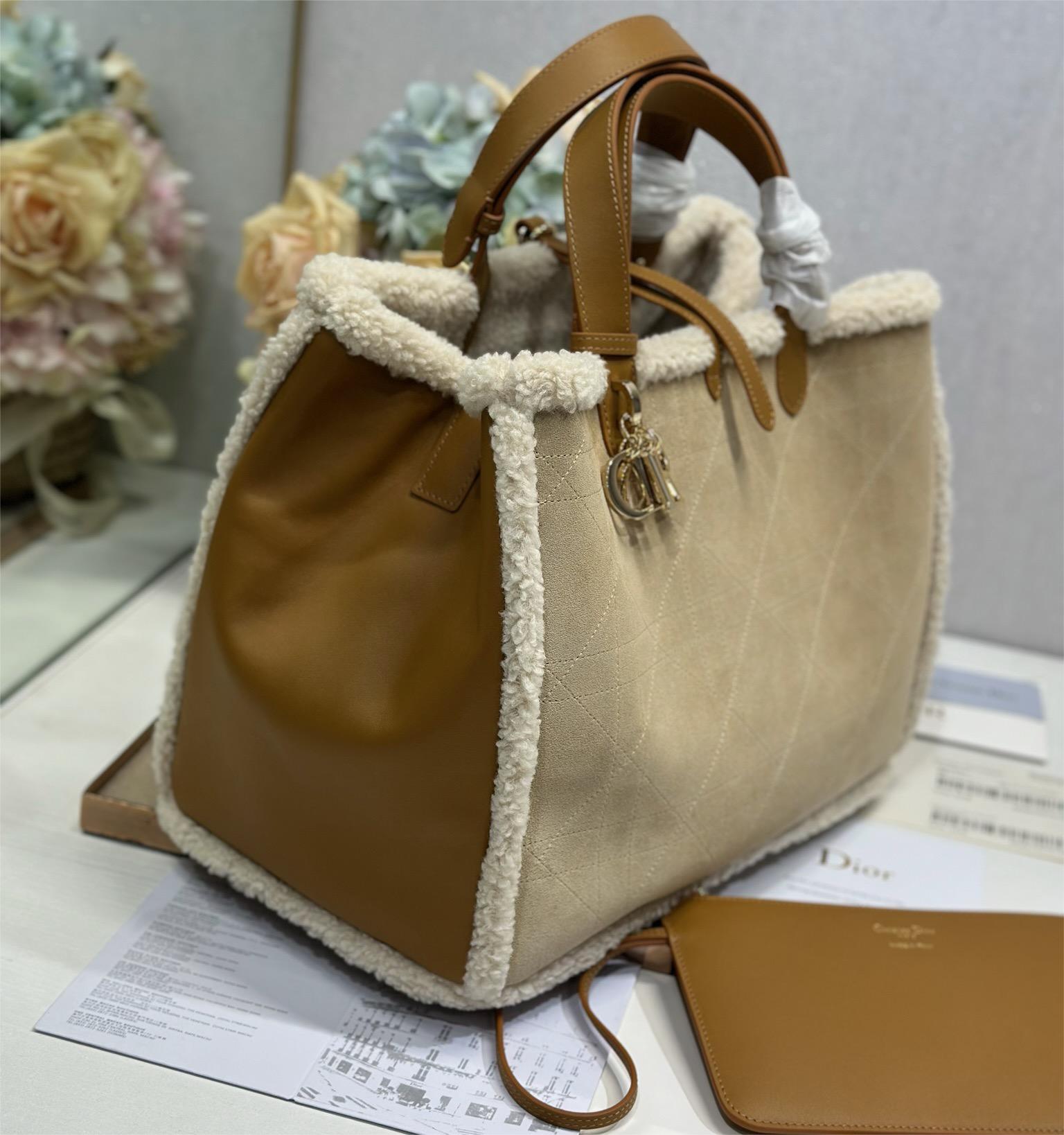 Christian Dior Book Tote series derivative classic beige brown leather velvet accessory handbag Christian Dior Book Tote series derivative classic beige brown leather velvet accessory handbag