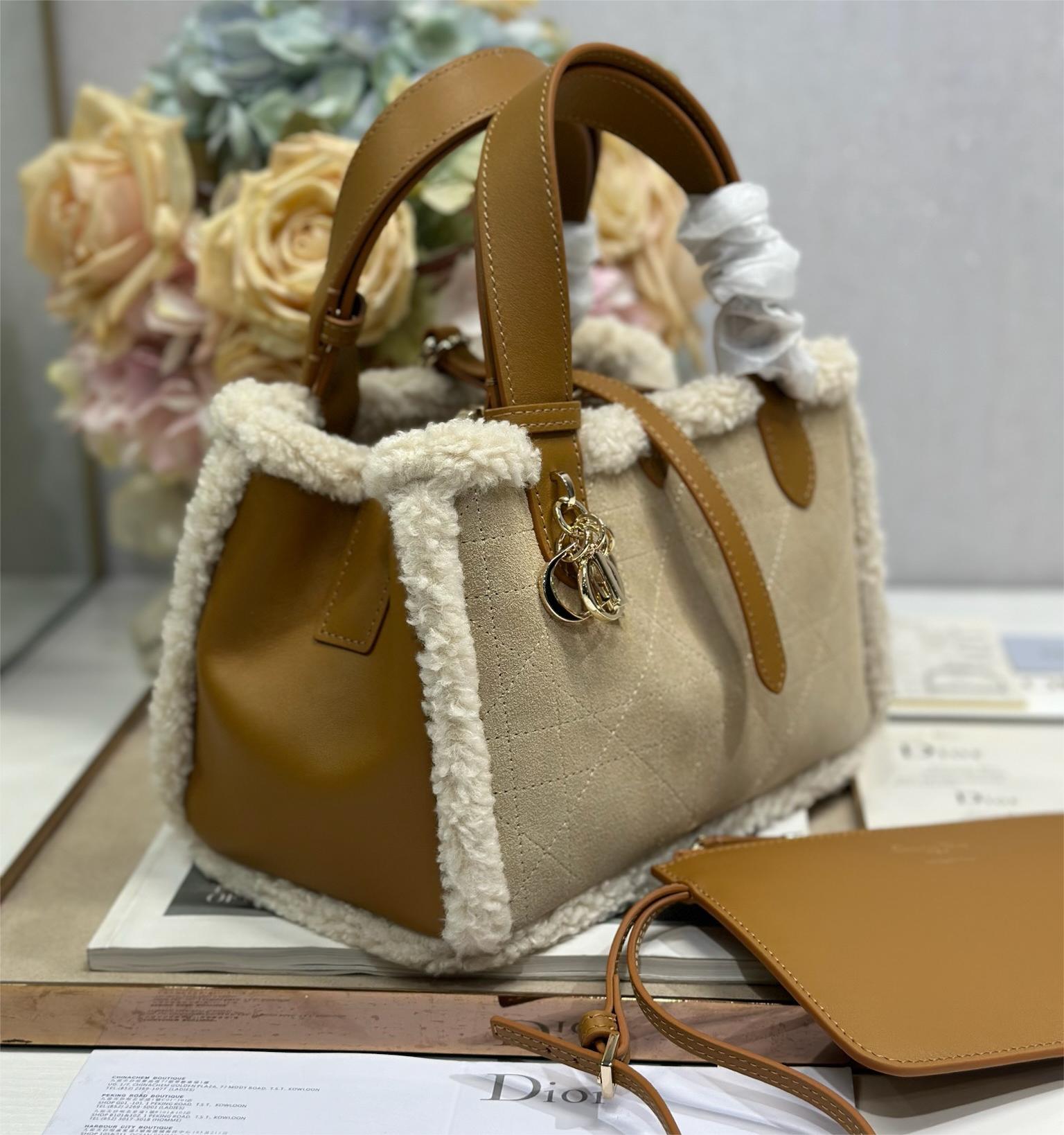 Christian Dior Book Tote series derivative small classic beige brown genuine leather velvet accessory handbag Christian Dior Book Tote series derivative small classic beige brown genuine leather velvet accessory handbag