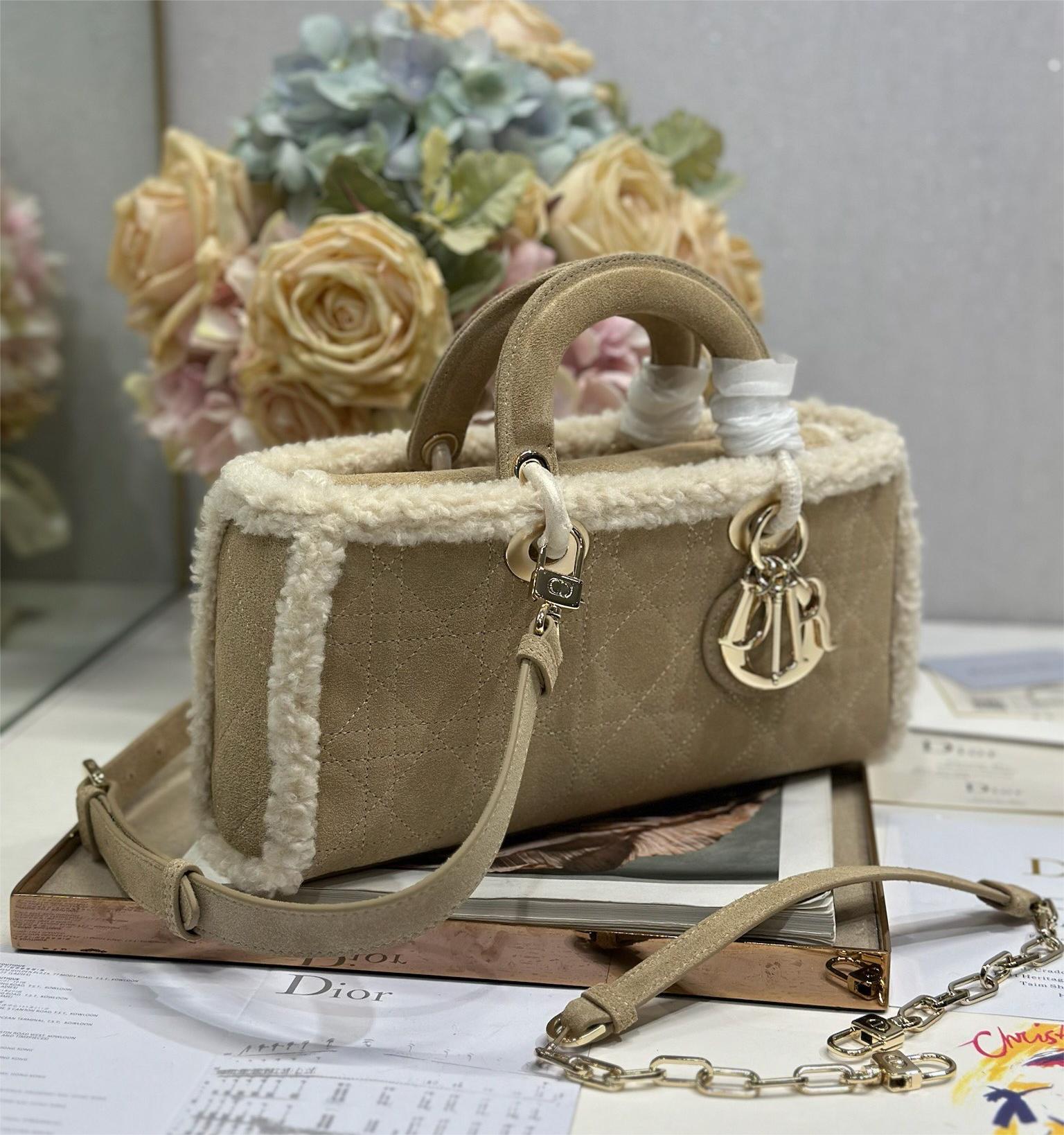 Christian Dior Lady Dior series derivative classic beige brown leather velvet accessories handbag Christian Dior Lady Dior series derivative classic beige brown leather velvet accessories handbag