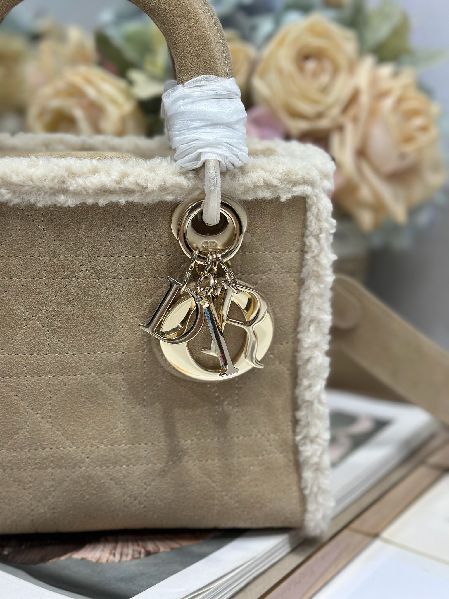 Christian Dior Lady Dior Small Classic Beige Brown Leather Velvet Accessory Handbag Christian Dior Lady Dior Small Classic Beige Brown Leather Velvet Accessory Handbag