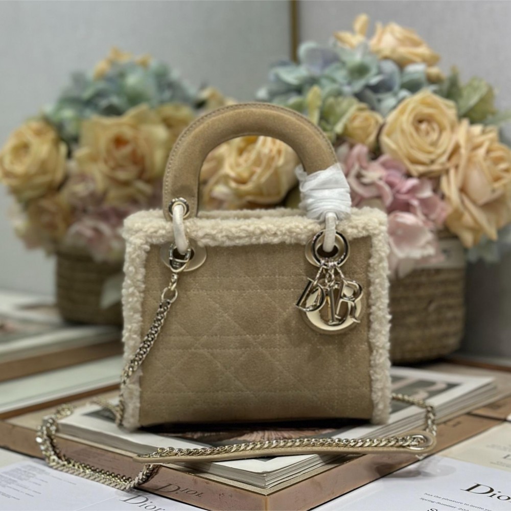 Christian Dior Lady Dior derivative mini classic beige brown leather velvet accessory handbag Christian Dior Lady Dior derivative mini classic beige brown leather velvet accessory handbag