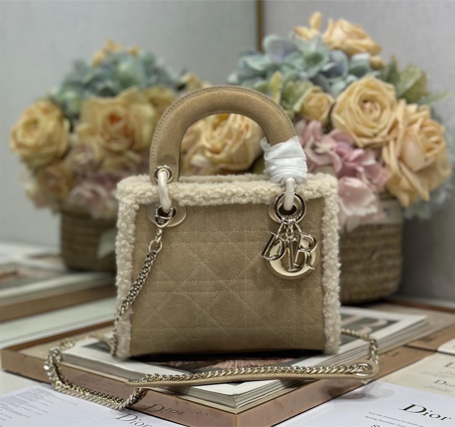 Christian Dior Lady Dior derivative mini classic beige brown leather velvet accessory handbag Christian Dior Lady Dior derivative mini classic beige brown leather velvet accessory handbag