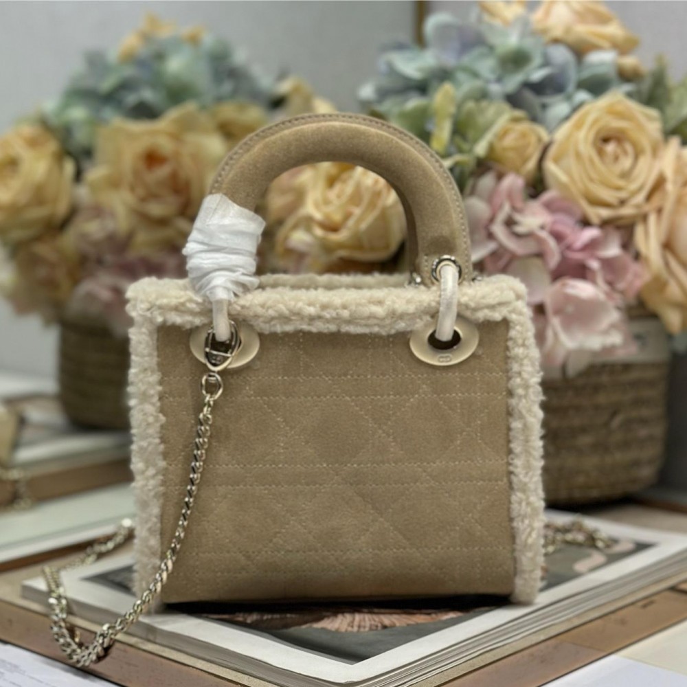 Christian Dior Lady Dior derivative mini classic beige brown leather velvet accessory handbag Christian Dior Lady Dior derivative mini classic beige brown leather velvet accessory handbag