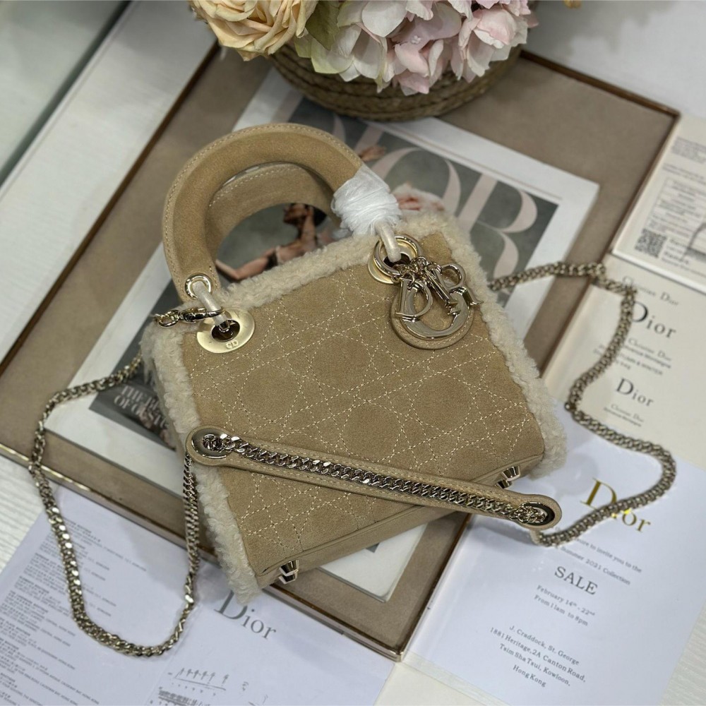 Christian Dior Lady Dior derivative mini classic beige brown leather velvet accessory handbag Christian Dior Lady Dior derivative mini classic beige brown leather velvet accessory handbag