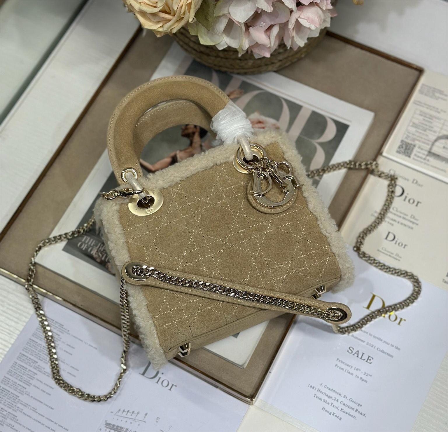 Christian Dior Lady Dior derivative mini classic beige brown leather velvet accessory handbag Christian Dior Lady Dior derivative mini classic beige brown leather velvet accessory handbag