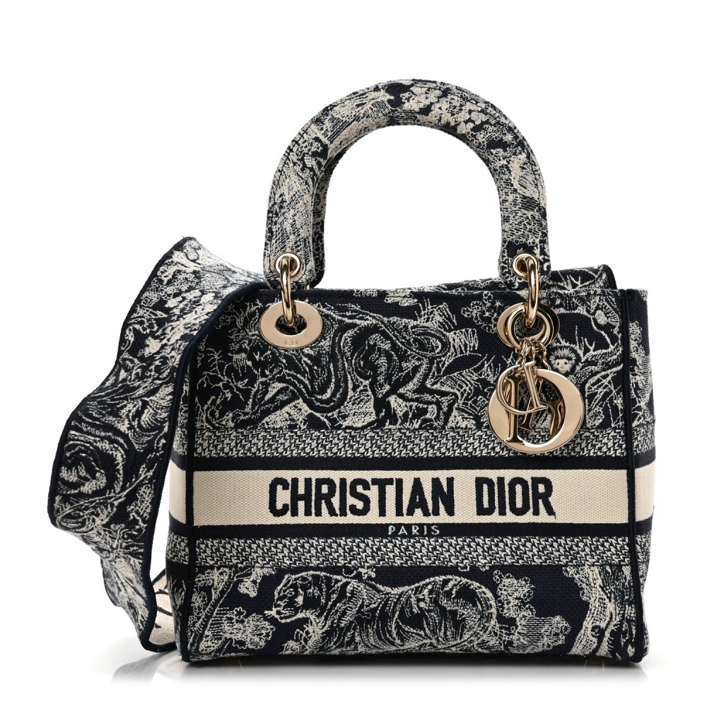 CHRISTIAN DIOR  Canvas Toile De Jouy Reverse Embroidered Medium Lady D-Lite Navy CHRISTIAN DIOR  Canvas Toile De Jouy Reverse Embroidered Medium Lady D-Lite Navy