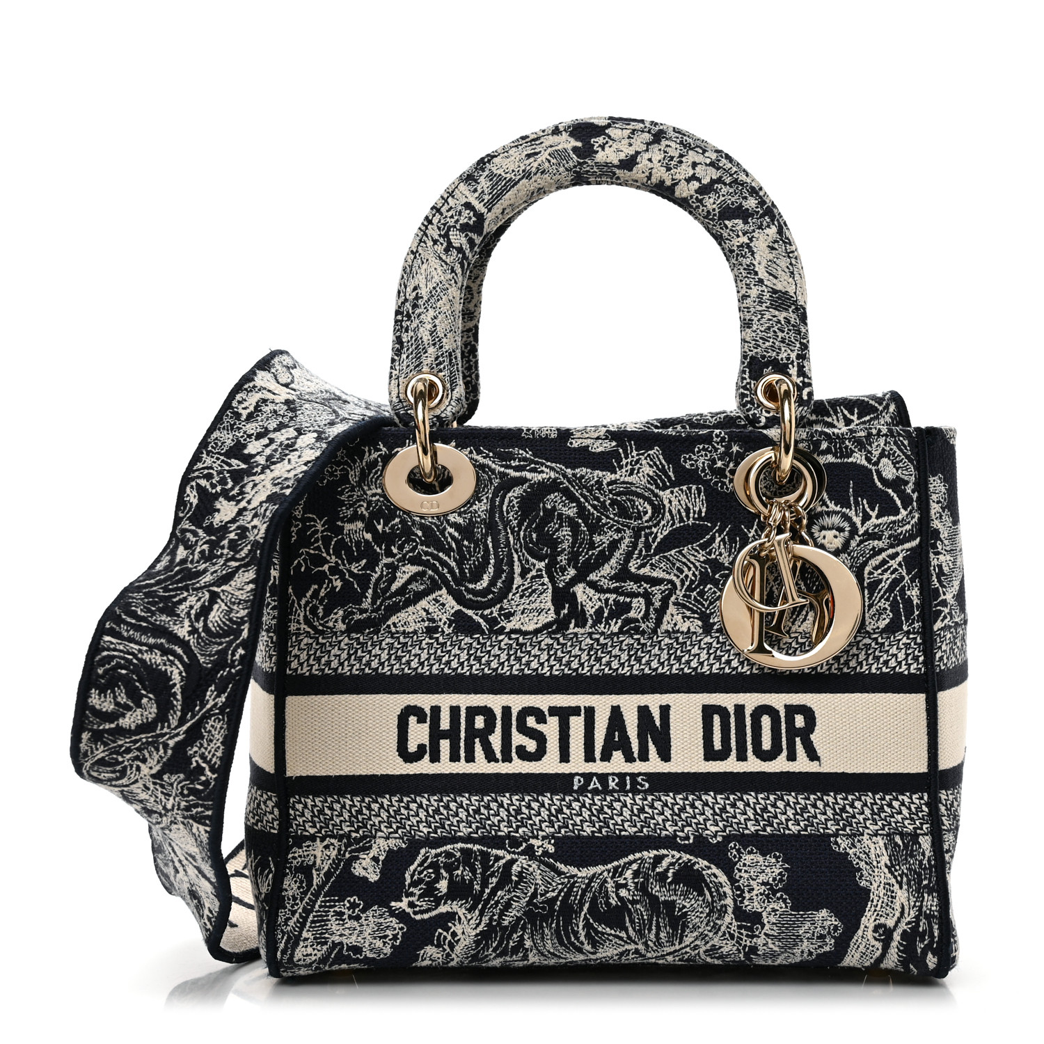 CHRISTIAN DIOR  Canvas Toile De Jouy Reverse Embroidered Medium Lady D-Lite Navy CHRISTIAN DIOR  Canvas Toile De Jouy Reverse Embroidered Medium Lady D-Lite Navy