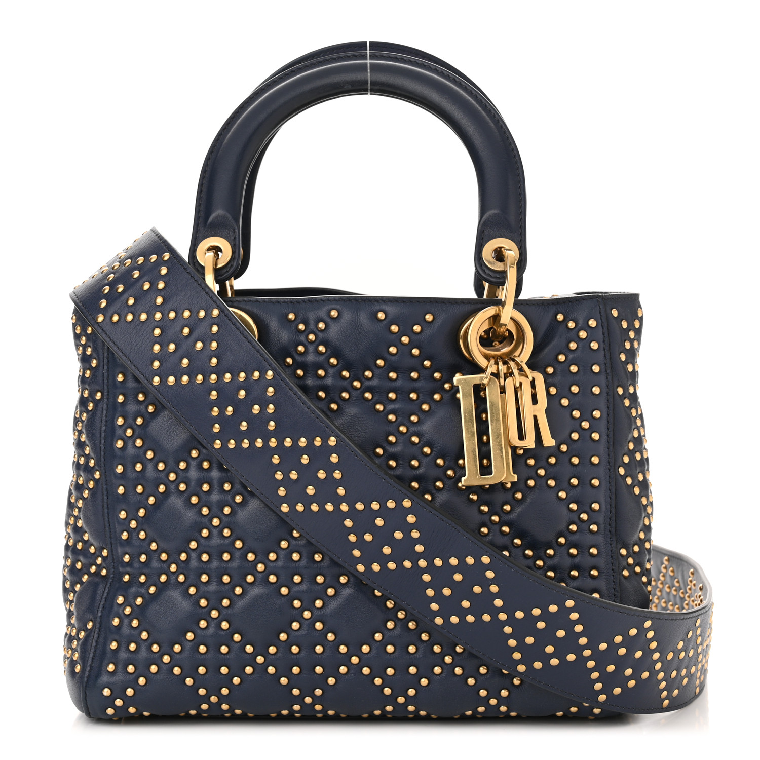 CHRISTIAN DIOR  Calfskin Cannage Studded Medium Supple Lady Dior Navy CHRISTIAN DIOR  Calfskin Cannage Studded Medium Supple Lady Dior Navy