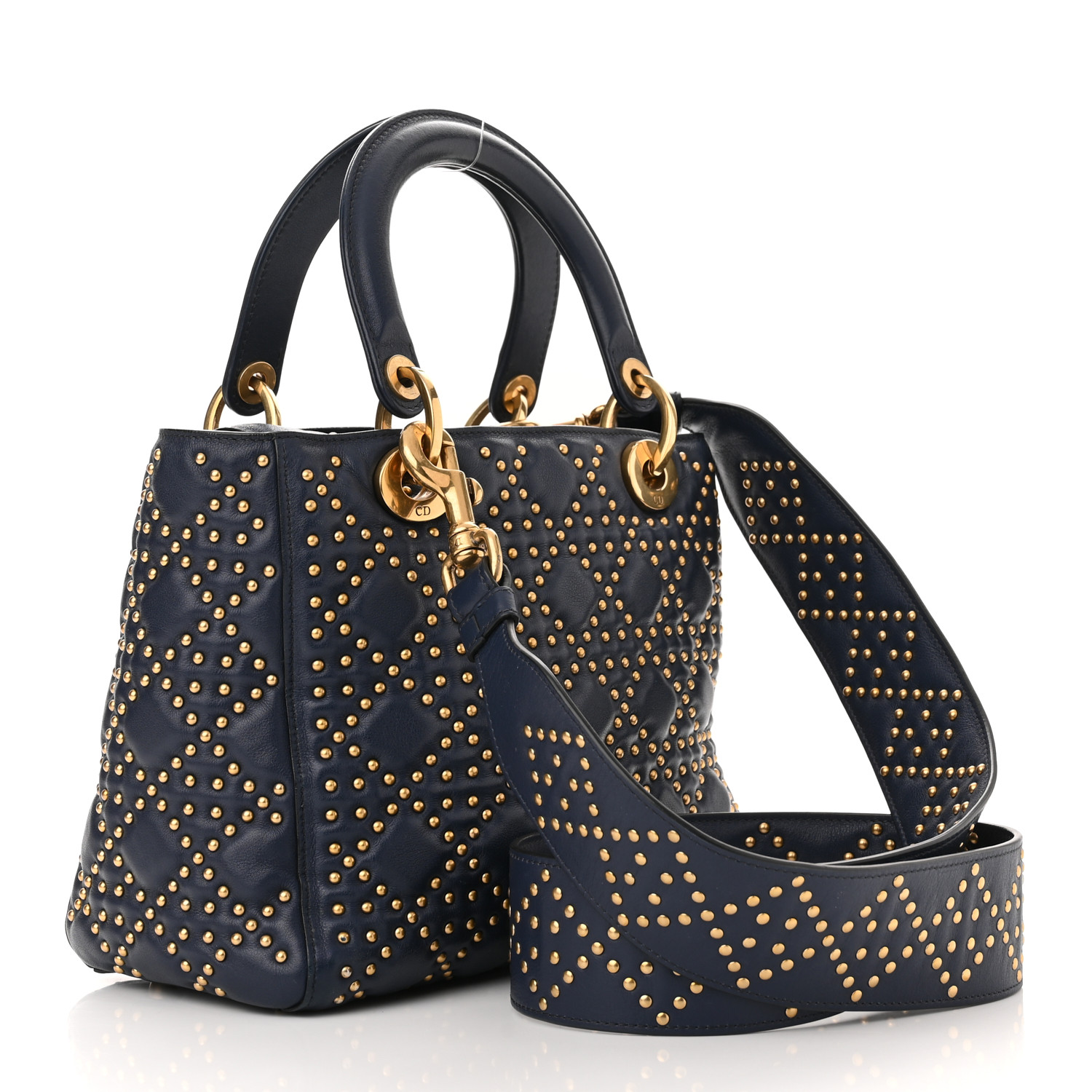 CHRISTIAN DIOR  Calfskin Cannage Studded Medium Supple Lady Dior Navy CHRISTIAN DIOR  Calfskin Cannage Studded Medium Supple Lady Dior Navy