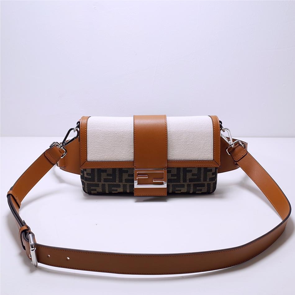 FENDI Fun Fur brown leather white canvas contrasting hardware simple luxury practical handbag
