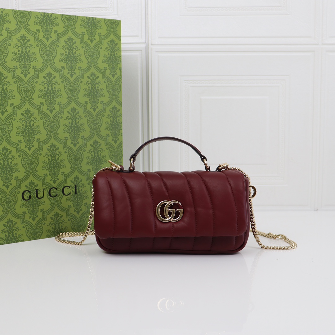 GUCCI Marmont crimson leather plaid exquisite hardware shoulder strap mini bag GUCCI Marmont crimson leather plaid exquisite hardware shoulder strap mini bag