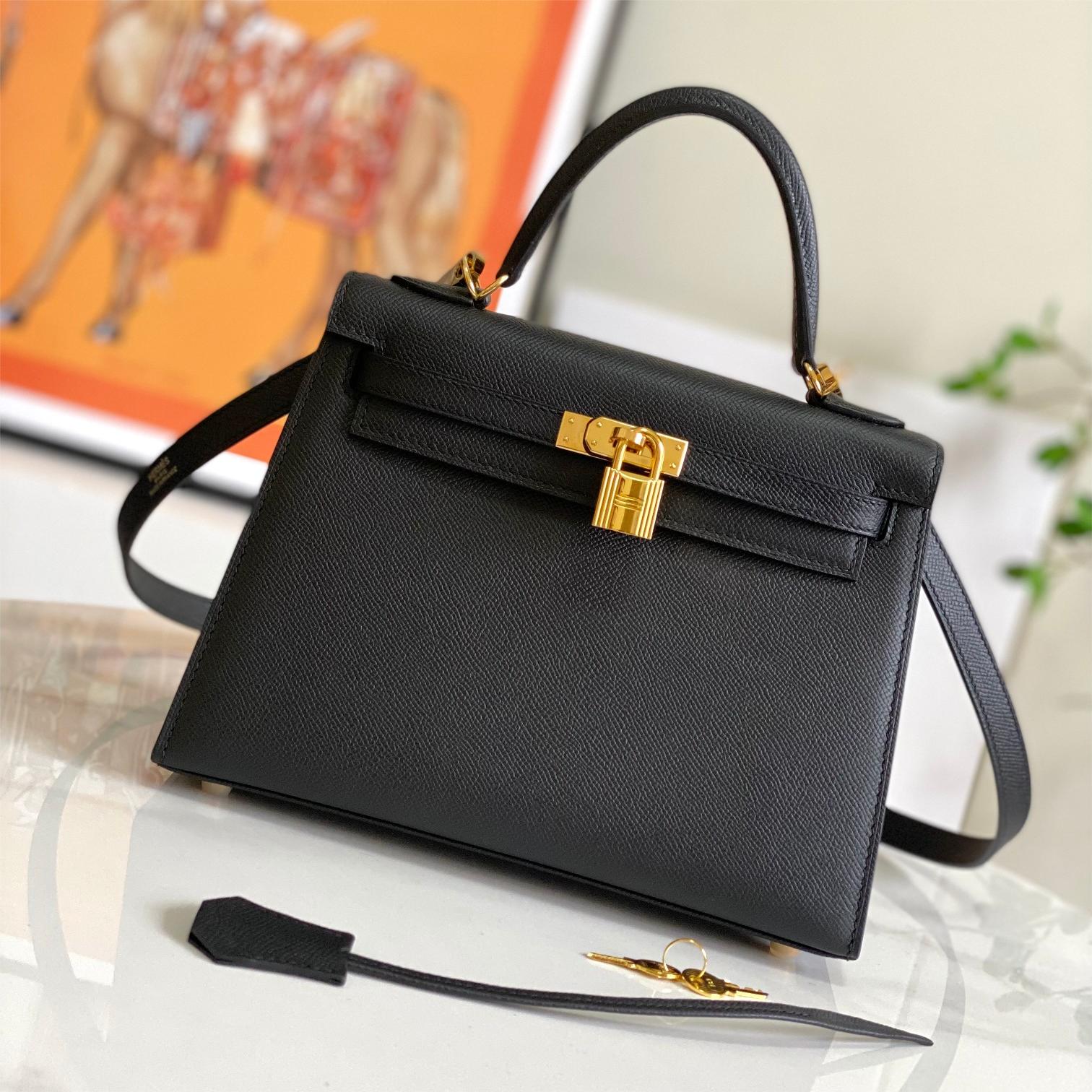 Hermès Kelly series pure black exquisite hardware genuine leather shoulder strap handbag