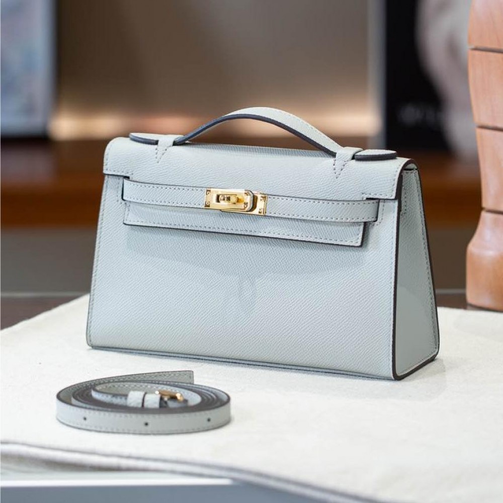 Hermès Kelly series classic light blue exquisite hardware genuine leather shoulder strap handbag Hermès Kelly series classic light blue exquisite hardware genuine leather shoulder strap handbag