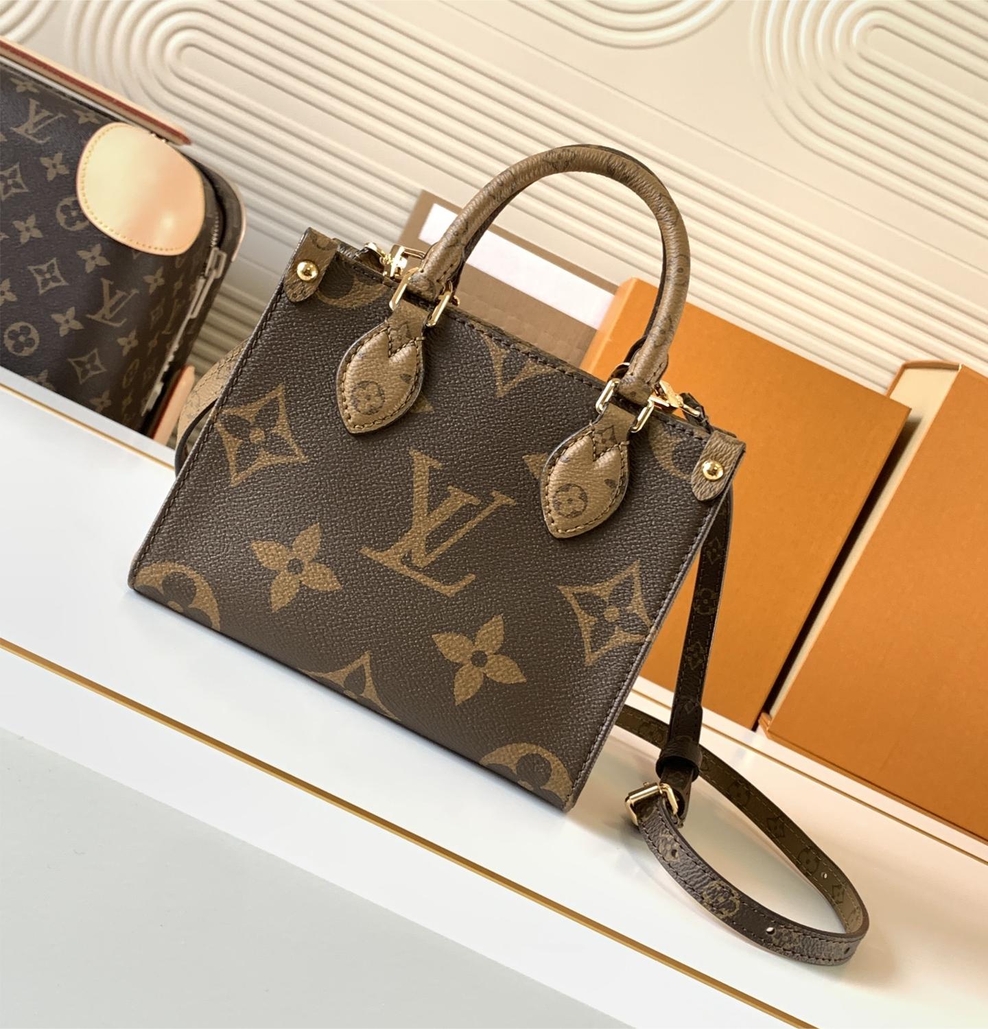 Louis Vuitton ONTHEGO EAST WEST Classic Small Textured Canvas Shoulder Strap Tote Louis Vuitton ONTHEGO EAST WEST Classic Small Textured Canvas Shoulder Strap Tote