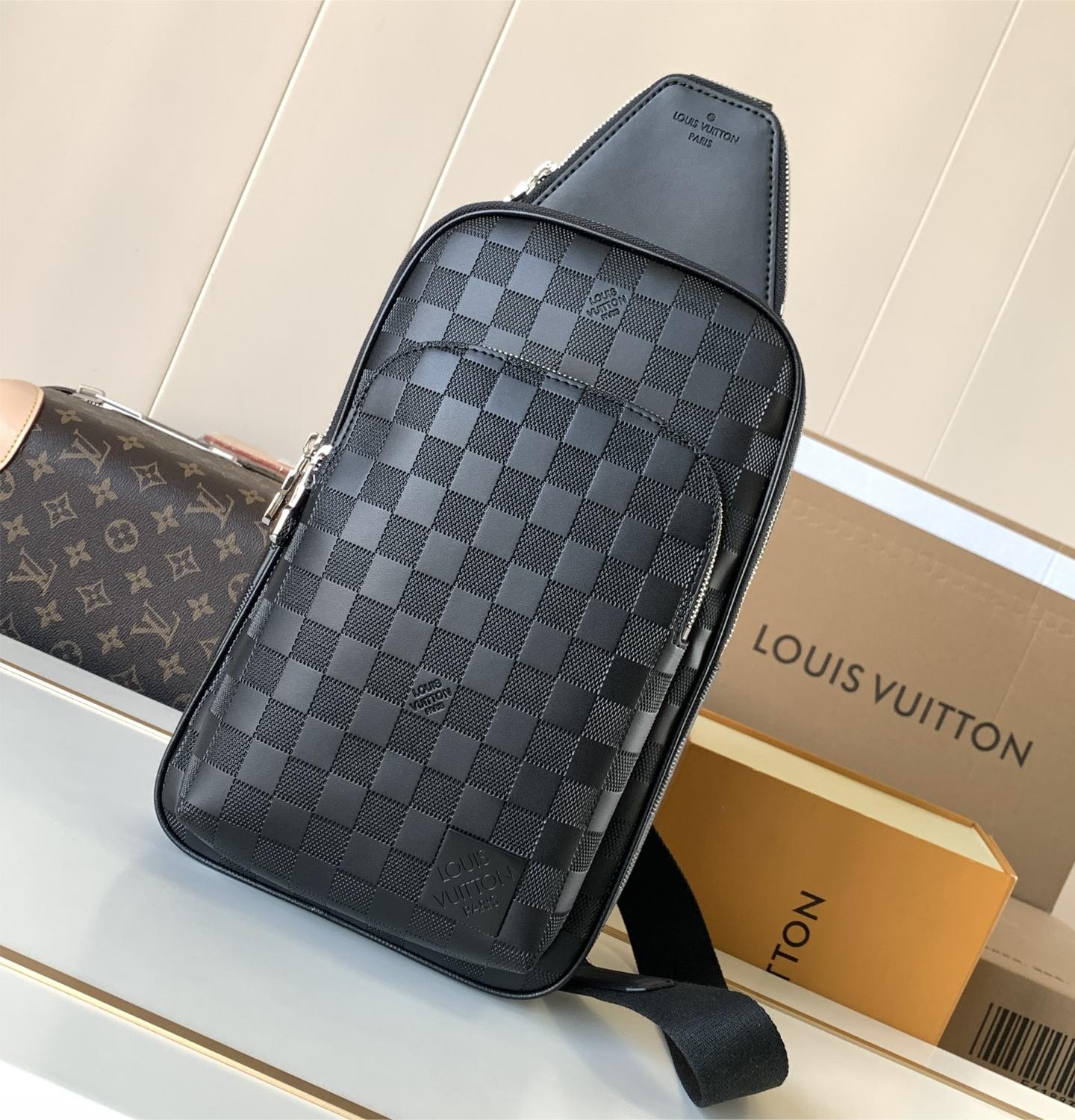 Louis Vuitton Chequer Textured Collection Classic Black Leather Chest Bag Louis Vuitton Chequer Textured Collection Classic Black Leather Chest Bag