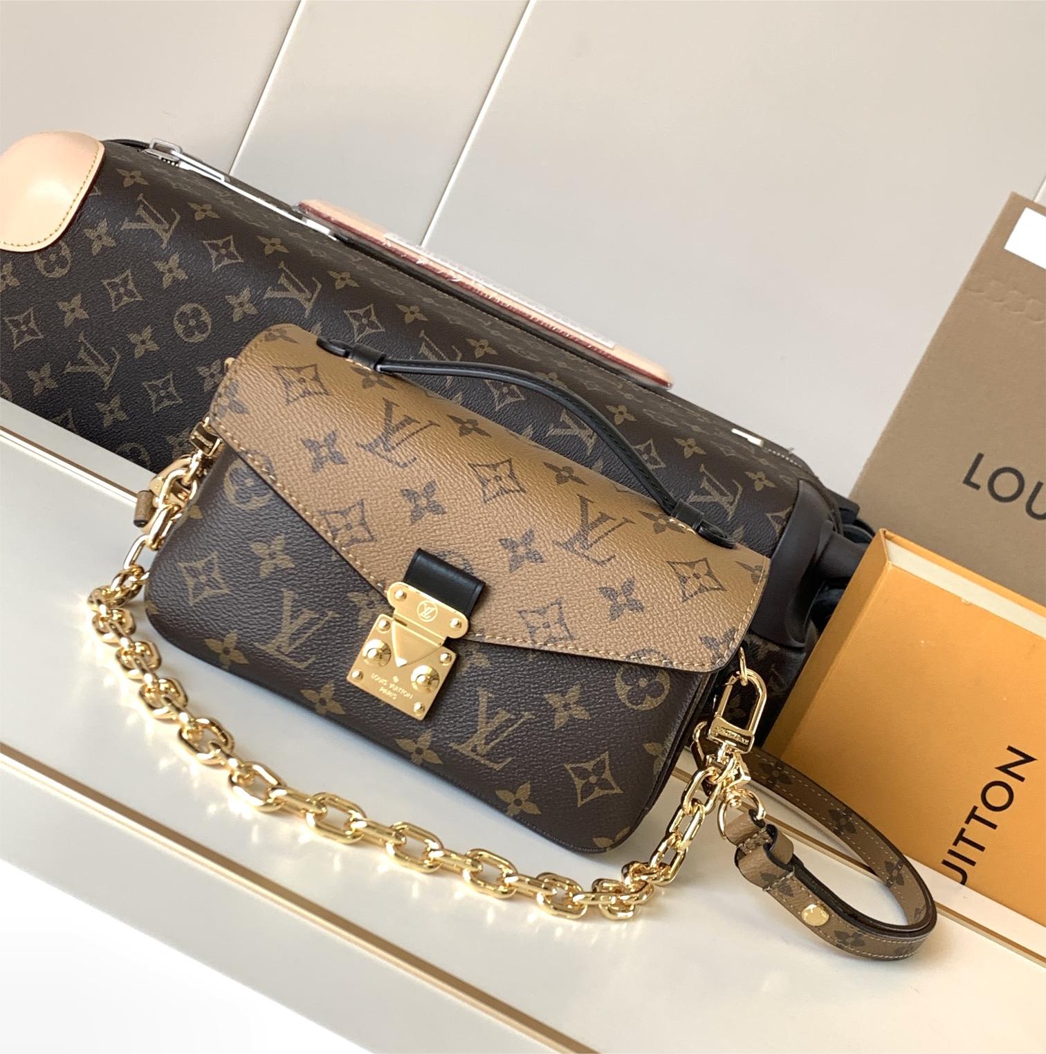 Louis Vuitton Petite Malle black and brown contrast canvas pattern hardware chain shoulder strap handbag Louis Vuitton Petite Malle black and brown contrast canvas pattern hardware chain shoulder strap handbag