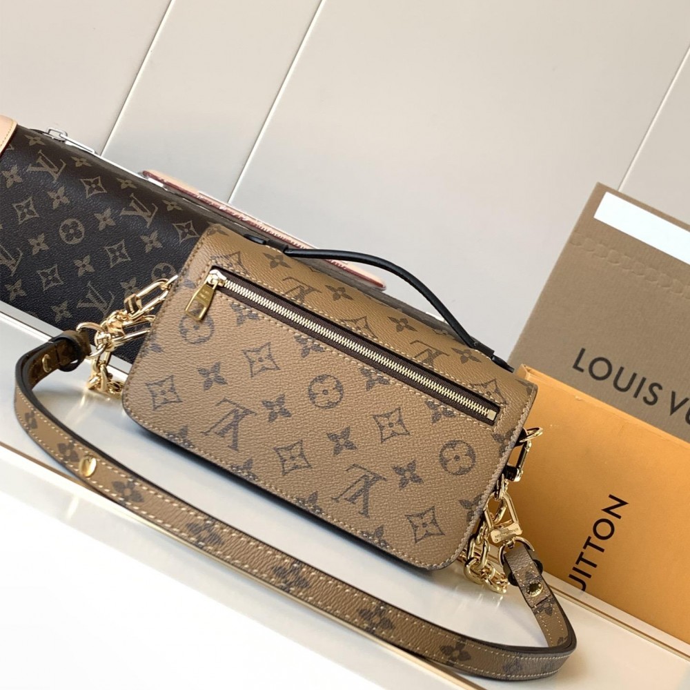 Louis Vuitton Petite Malle black and brown contrast canvas pattern hardware chain shoulder strap handbag Louis Vuitton Petite Malle black and brown contrast canvas pattern hardware chain shoulder strap handbag