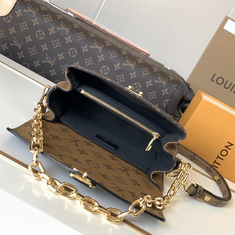 Louis Vuitton Petite Malle black and brown contrast canvas pattern hardware chain shoulder strap handbag Louis Vuitton Petite Malle black and brown contrast canvas pattern hardware chain shoulder strap handbag