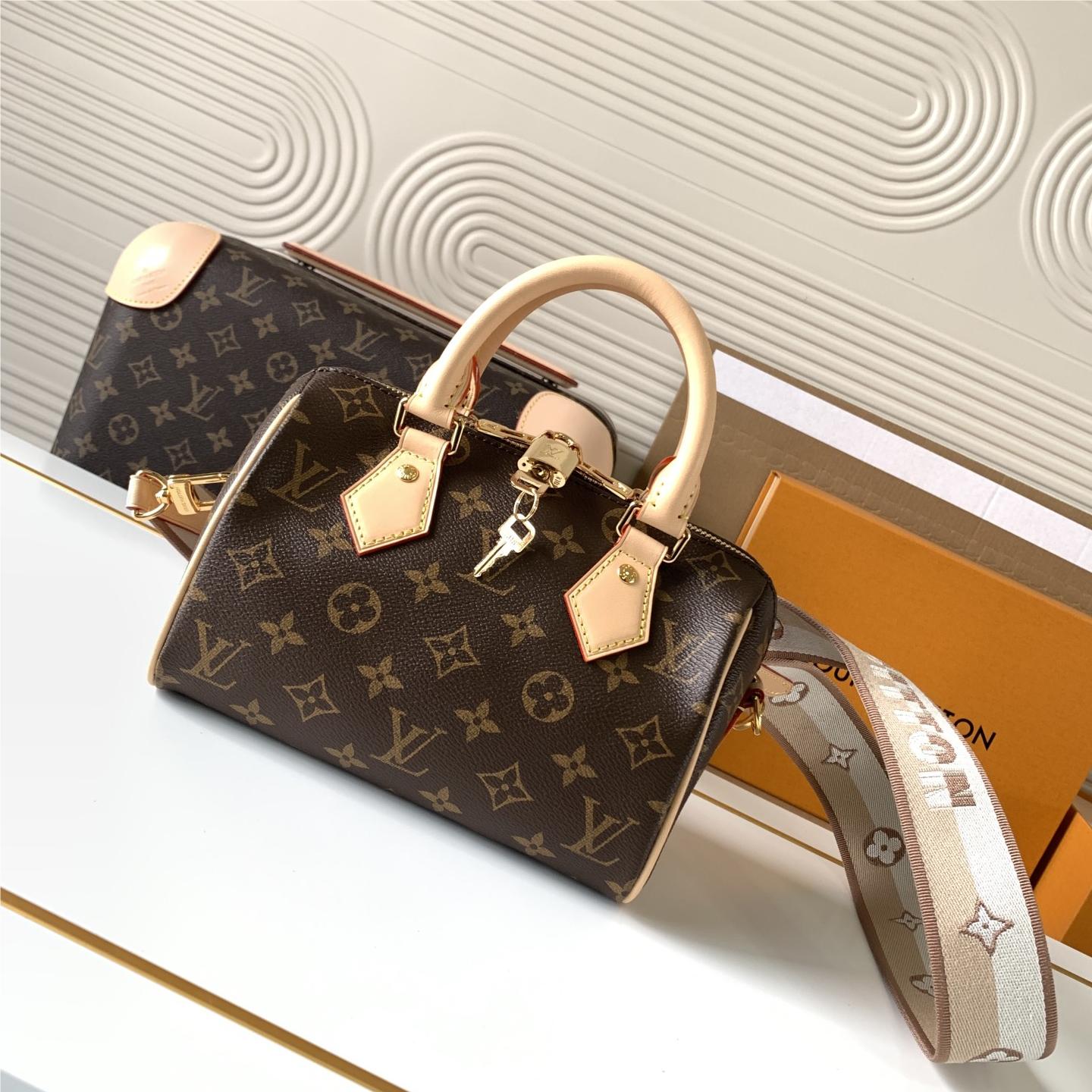 Louis Vuitton Nano Speedy Classic Brown Leather Canvas Textured Shoulder Strap Tote Louis Vuitton Nano Speedy Classic Brown Leather Canvas Textured Shoulder Strap Tote