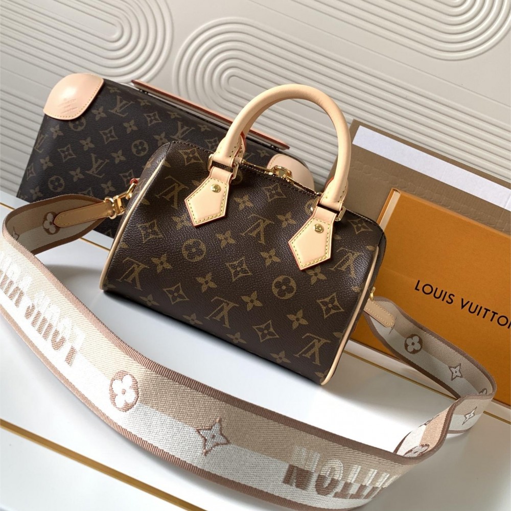 Louis Vuitton Nano Speedy Classic Brown Leather Canvas Textured Shoulder Strap Tote Louis Vuitton Nano Speedy Classic Brown Leather Canvas Textured Shoulder Strap Tote