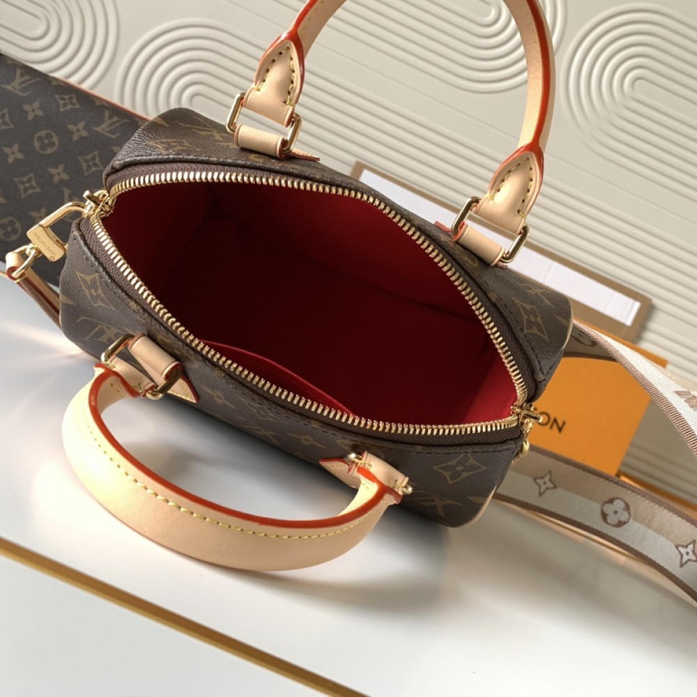 Louis Vuitton Nano Speedy Classic Brown Leather Canvas Textured Shoulder Strap Tote Louis Vuitton Nano Speedy Classic Brown Leather Canvas Textured Shoulder Strap Tote