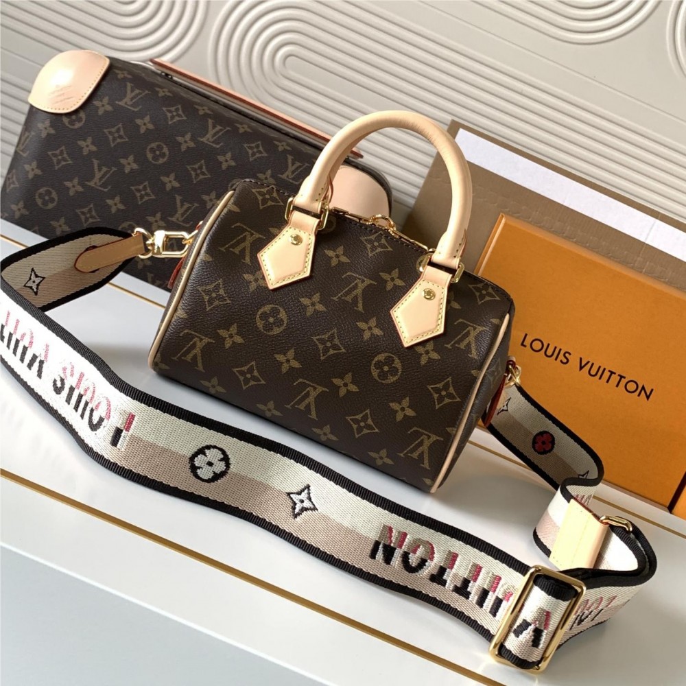 Louis Vuitton Nano Speedy Classic Brown Leather Canvas Textured White Shoulder Strap Tote Louis Vuitton Nano Speedy Classic Brown Leather Canvas Textured White Shoulder Strap Tote