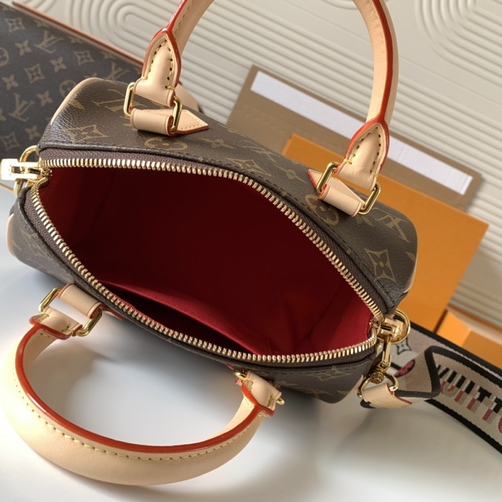 Louis Vuitton Nano Speedy Classic Brown Leather Canvas Textured White Shoulder Strap Tote Louis Vuitton Nano Speedy Classic Brown Leather Canvas Textured White Shoulder Strap Tote