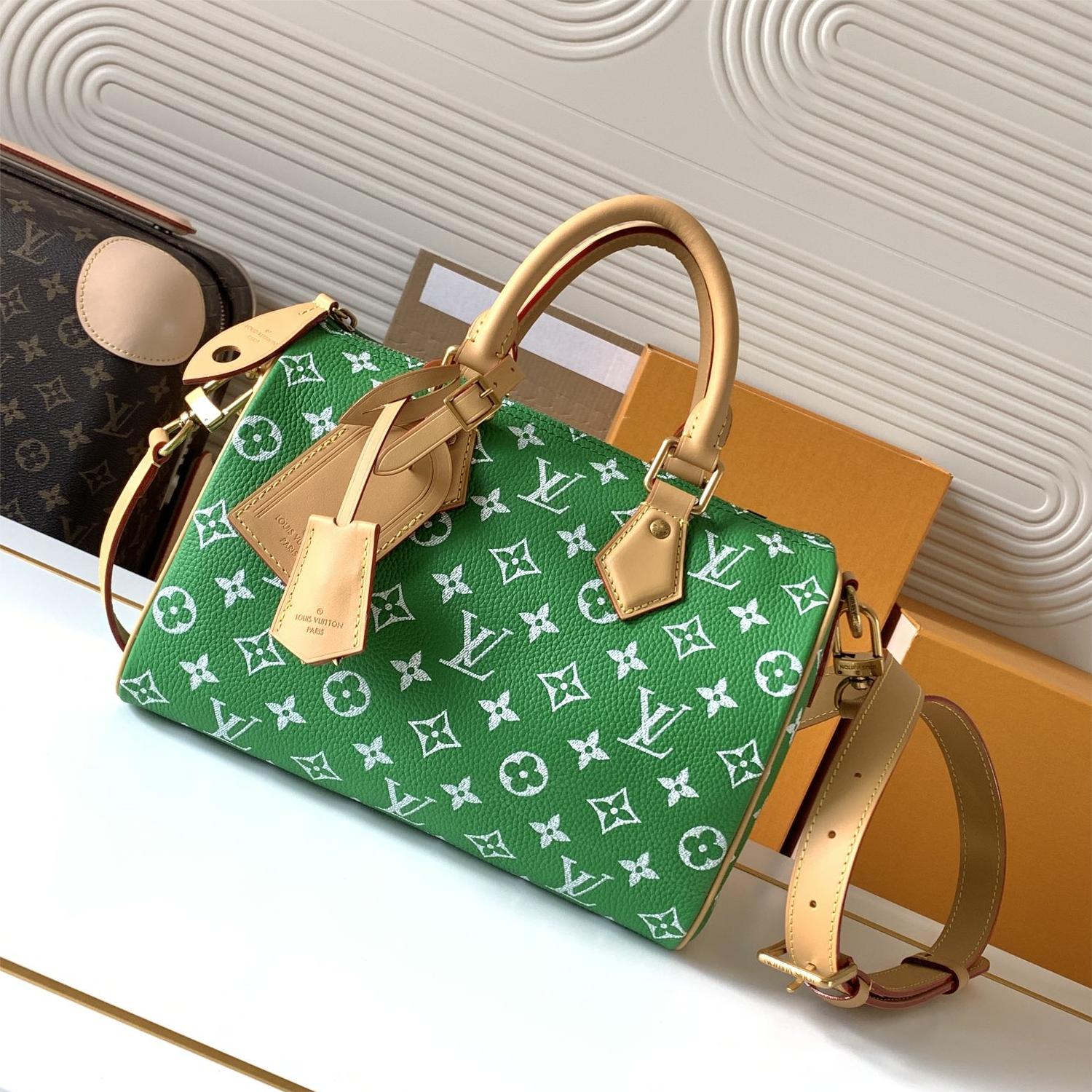 Louis Vuitton SPEEDY green canvas textured tote bag