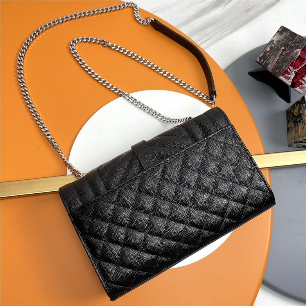 Saint Laurent classic silver hardware chain black textured leather shoulder bag Saint Laurent classic silver hardware chain black textured leather shoulder bag