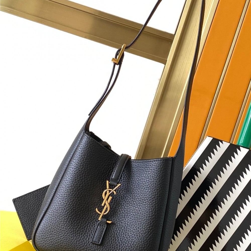 Saint Laurent classic textured black logo leather shoulder bucket bag Saint Laurent classic textured black logo leather shoulder bucket bag