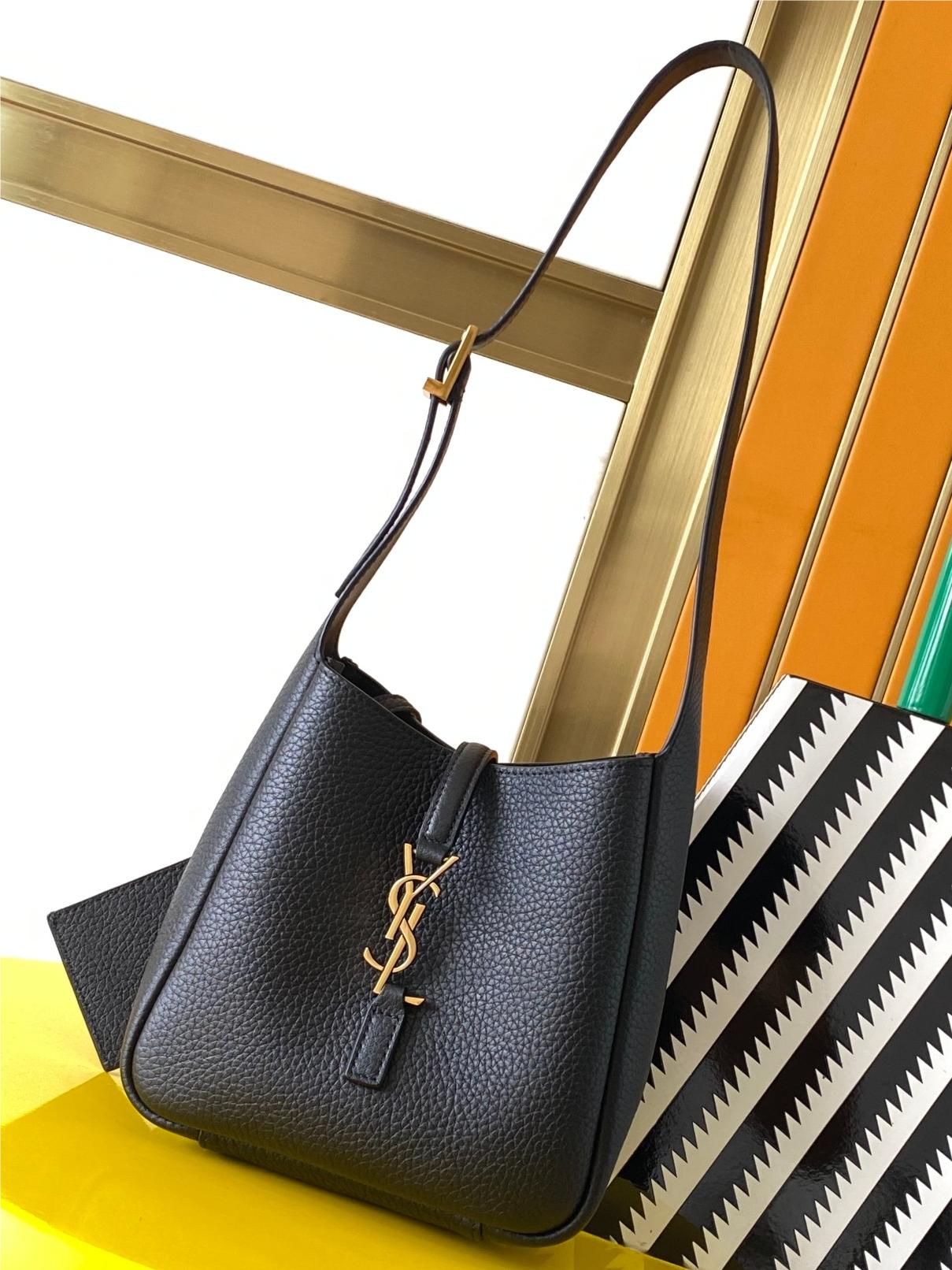 Saint Laurent classic textured black logo leather shoulder bucket bag Saint Laurent classic textured black logo leather shoulder bucket bag