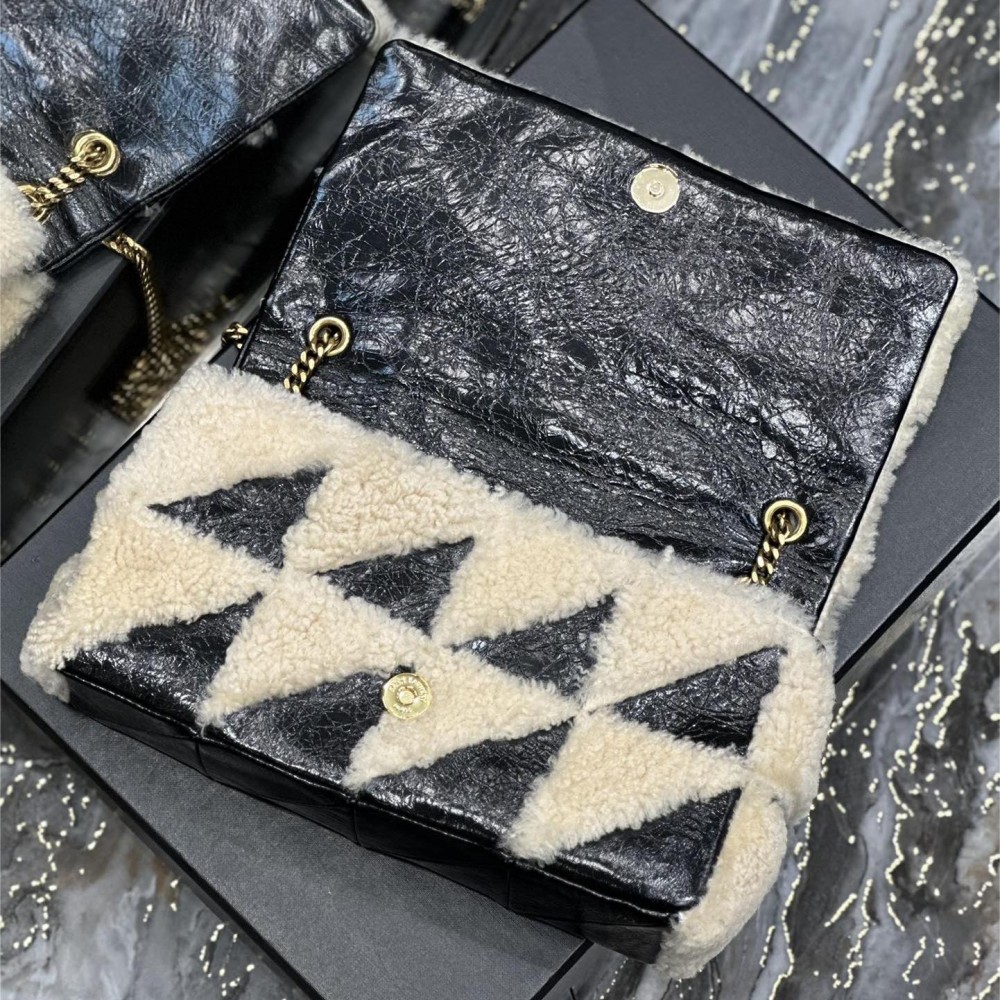 Saint Laurent NIKI series suede black and white contrast women's small folding vintage leather handbag Saint Laurent NIKI series suede black and white contrast women's small folding vintage leather handbag